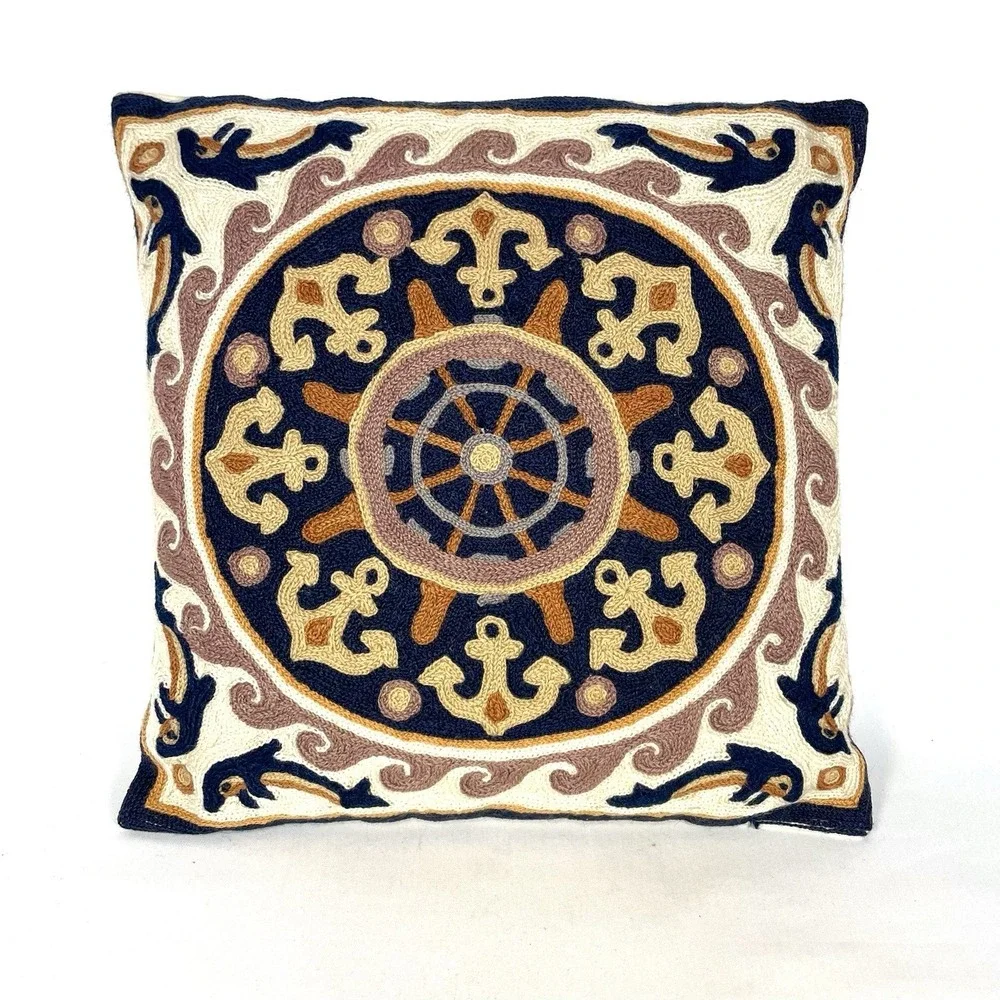Greek Embroidered Nautical Throw Pillow 15x15 Dolphins‎ Anchors Coastal Decor
